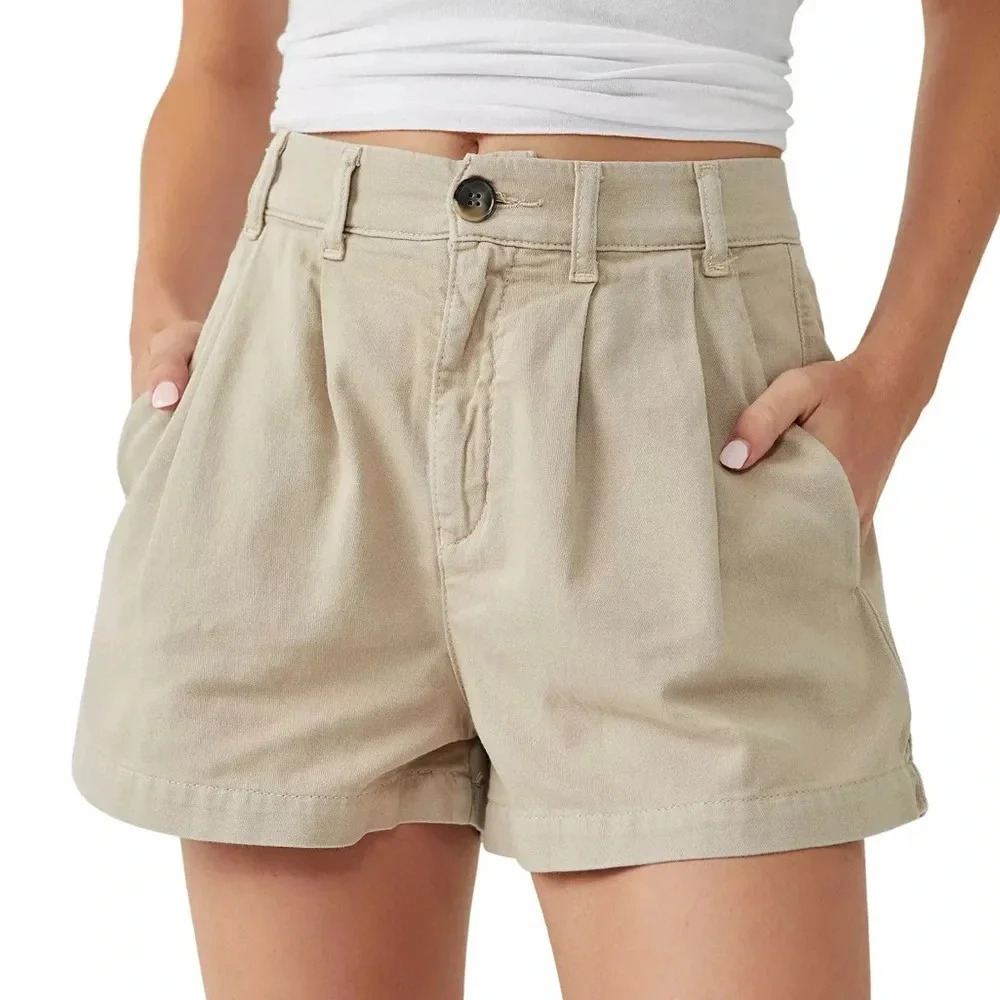 Free People High-Rise Pleated Khaki Shorts
